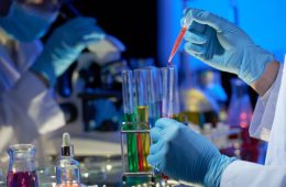 Talented researcher wearing rubber gloves standing at laboratory bench and pouring red liquid into test tube with pipette while working on joint project with colleague