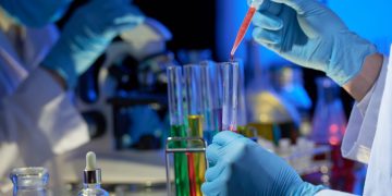 Talented researcher wearing rubber gloves standing at laboratory bench and pouring red liquid into test tube with pipette while working on joint project with colleague